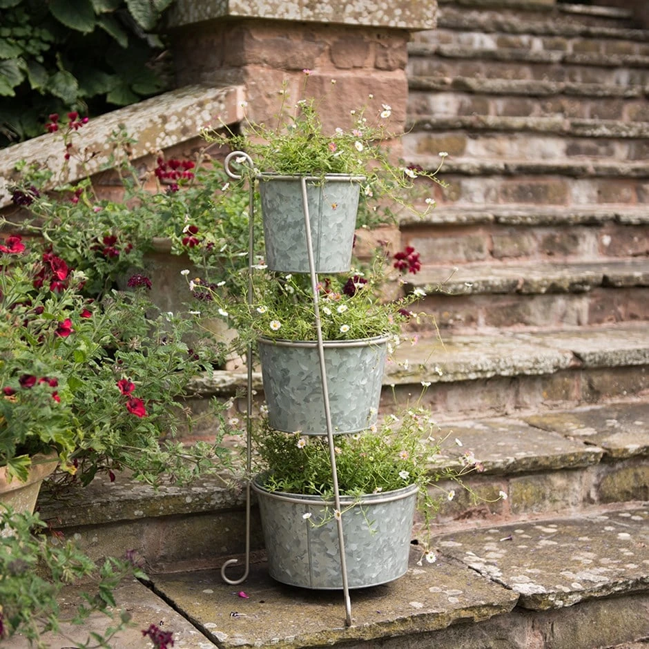Tiered Corner Stand With Three Galvanised Pots 3 Tiered Corner Stand With Three Galvanised Pots