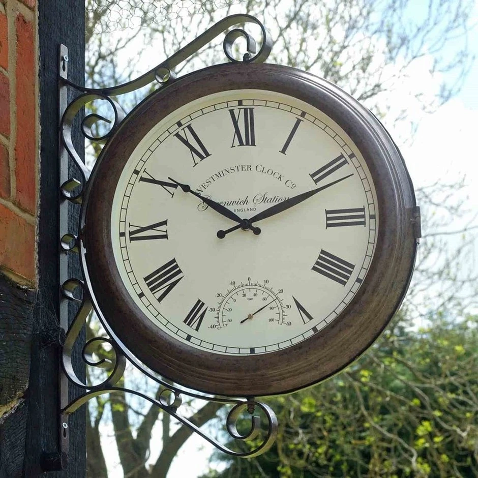 Double Sided Metal Greenwich Station Clock And Thermometer 3 Double Sided Metal Greenwich Station Clock And Thermometer