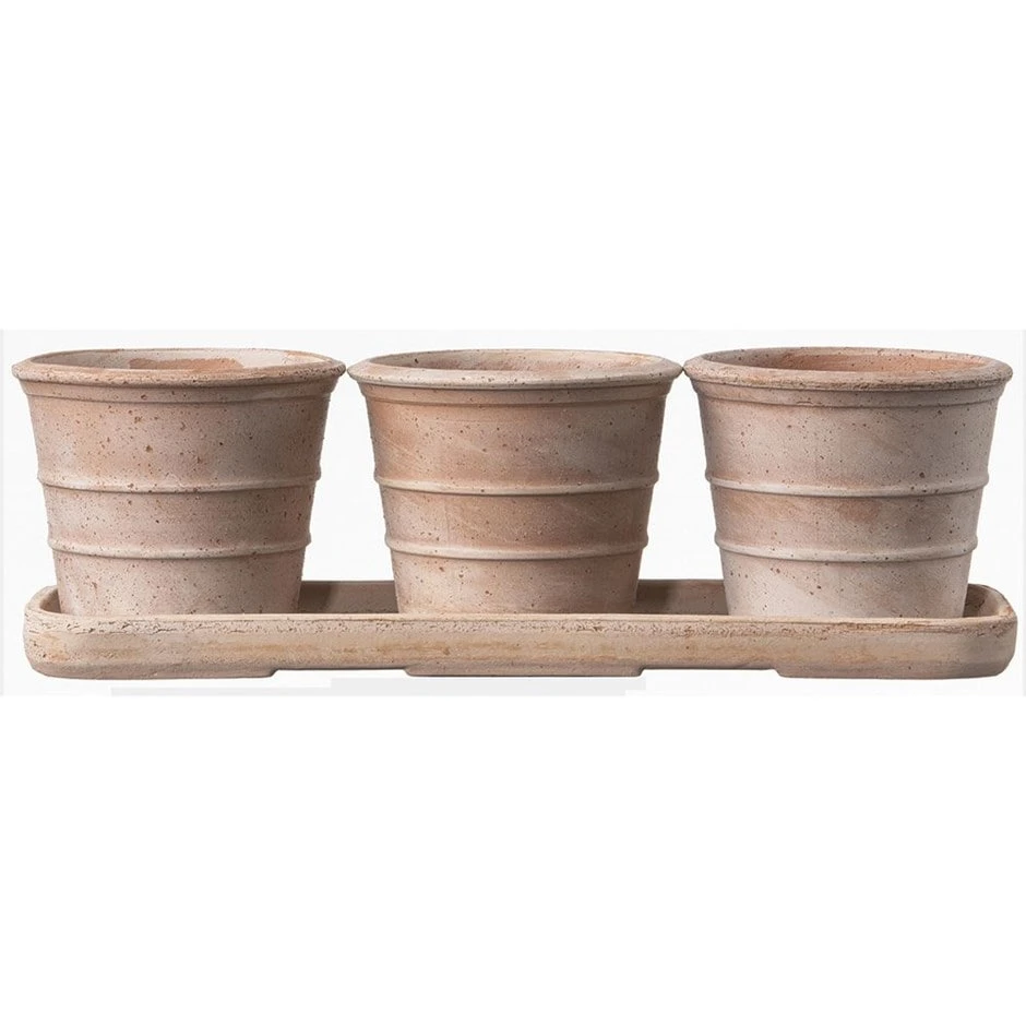 Italian Terracotta Pots Whitewash - Set Of 3 With Tray 3 Italian Terracotta Pots Whitewash - Set Of 3 With Tray
